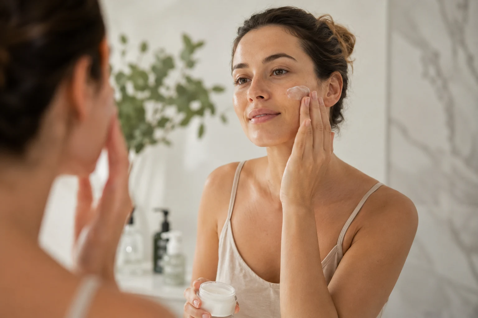 Aplicación de crema facial dentro de una rutina de cuidado en casa